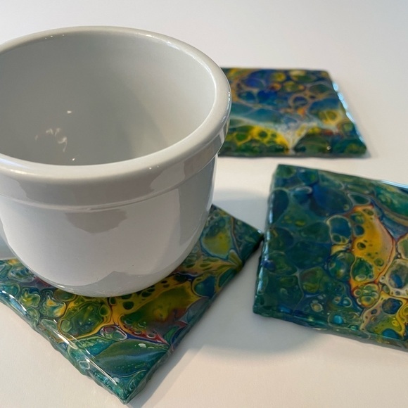 Set of 4 hand painted coasters. Sealed with resin cork backing Blues & greens - Picture 2 of 6